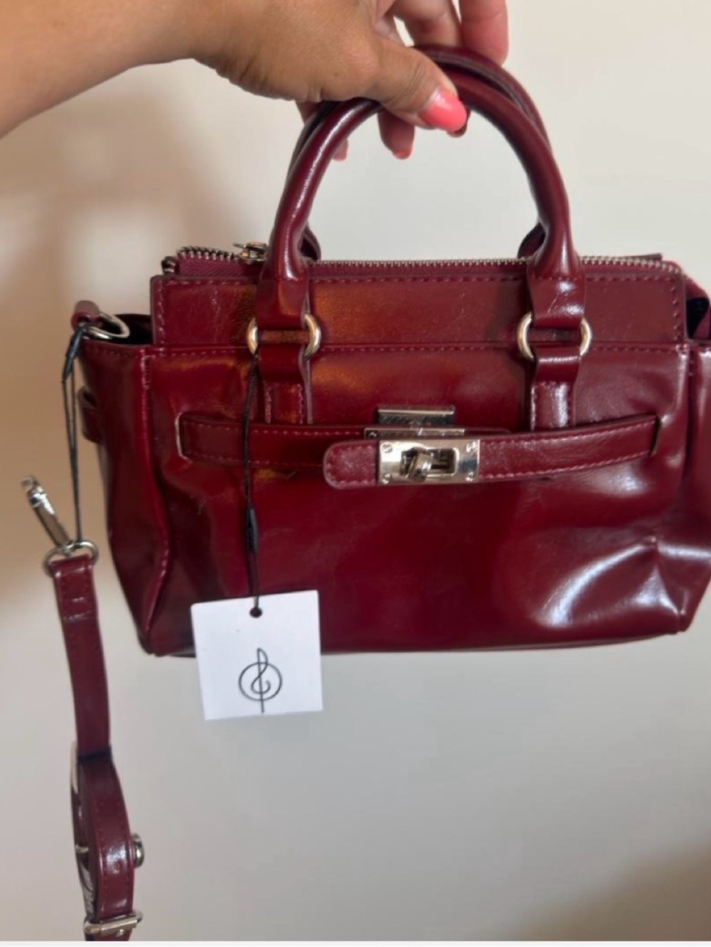 stradivarius Deep Burgundy Leather Satchel with Silver Hardware